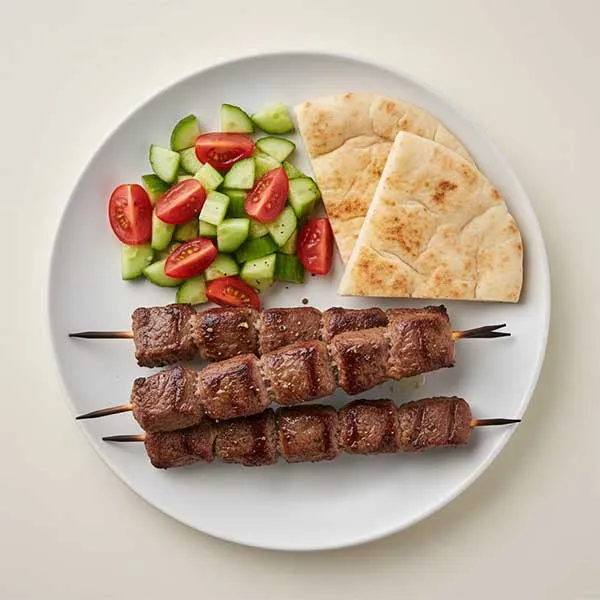 Beef shish kebab with fresh cucumber tomato salad and pita bread